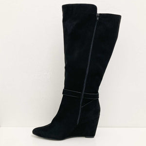 City Chic Black Faux Suede Ankle Buckle Wedge Heel Long Boots UK 7