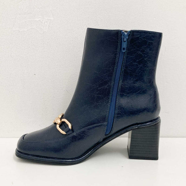 Evans Blue Faux Leather Gold Chain Ankle Boots UK 6 Extra Wide 