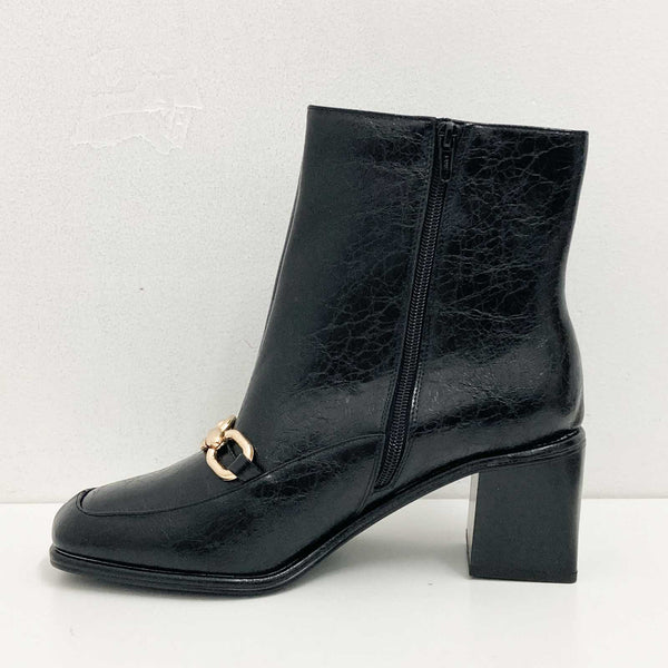 Evans Black Faux Leather Gold Chain Heeled Ankle Boots UK 9 Extra Wide