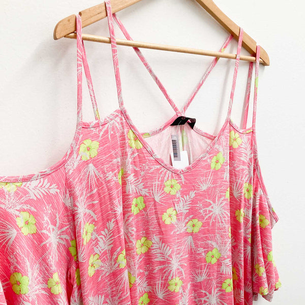 Yours Pink Tropical Palm Floral Print Strappy Cold Shoulder Top UK 22/24