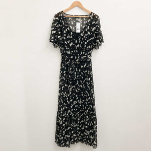Evans Black & White Spot Print V-Neck Faux Wrap Maxi Dress UK 16