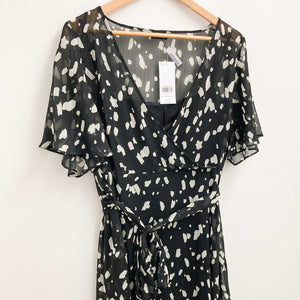 Evans Black & White Spot Print V-Neck Faux Wrap Maxi Dress UK 16