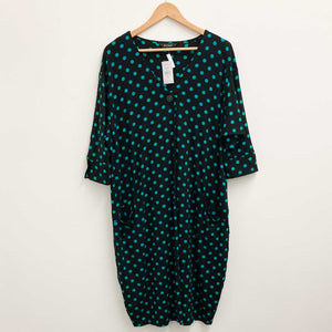 Evans Black & Green Spot Print 3/4 Sleeve V-Neck Pocket Dress UK 16