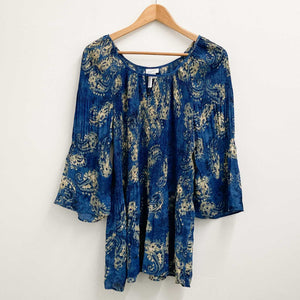 Avenue Blue Paisley Print Shirred Pleated Bell Sleeve Top UK 18