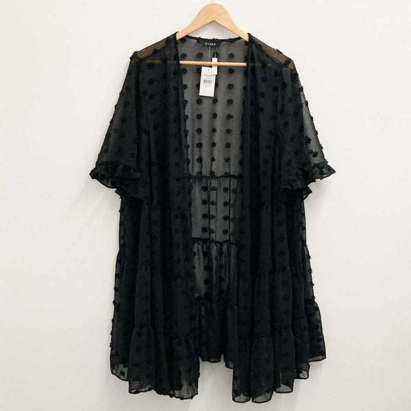 Evans Black Dobby Texture Sheer Tiered Kimono Open Front Jacket UK 18/20