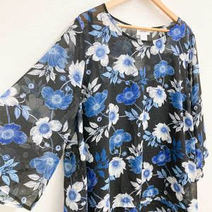 Avenue Black & Blue Floral Print Sheer Overlay Layered Hem Top UK 26/28