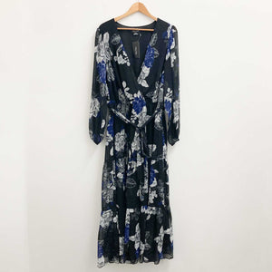 City Chic Black Floral Print Faux Wrap V-Neck Tiered Maxi Dress UK 18
