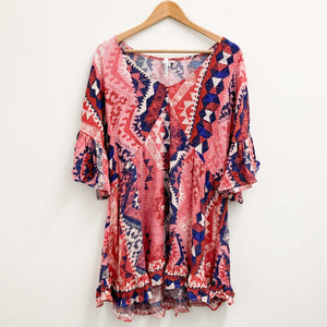 Avenue Red Print V-Neck Relaxed Swing Tunic Top UK 16