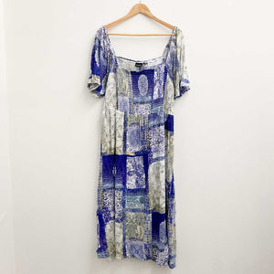 Evans Blue Tile Print Square Neck Shirred Midi Dress UK 20