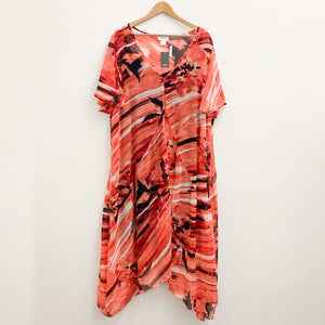 Avenue Coral Orange Print V-Neck Flutter Sleeve Maxi Dress UK 22/24