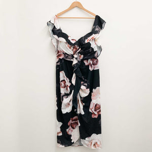 City Chic Black Rose Floral Strapless Drape Front Dress UK 16