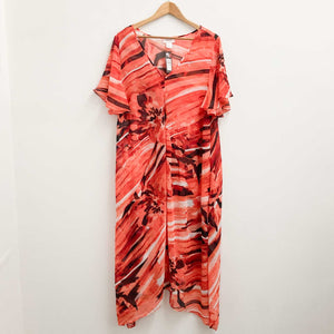 Avenue Coral Print Sheer Flutter Sleeve Asymmetrical Maxi Dress UK 18