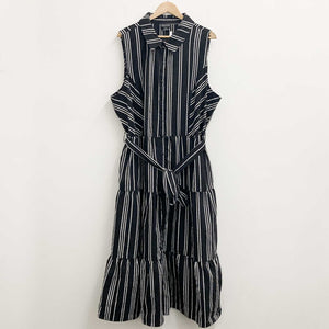 City Chic Black Striped Collared Sleeveless Tie Waist Dress UK 22
