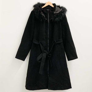City Chic Black Faux Fur Trim Hood Zip Front Tie Waist Coat UK 22