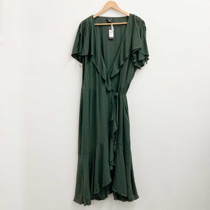 City Chic Green V-Neck Frill Hem Wrap Midi Dress UK 22